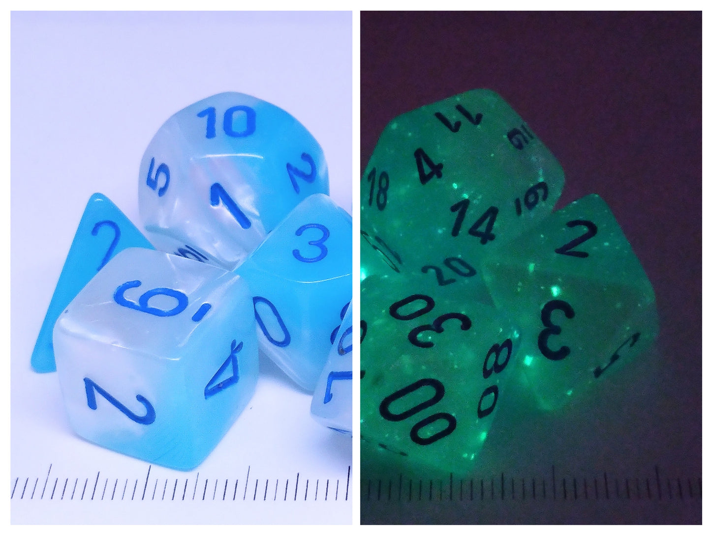 Set 7 polydice, Gemini Pearl Turq.-White w/blue