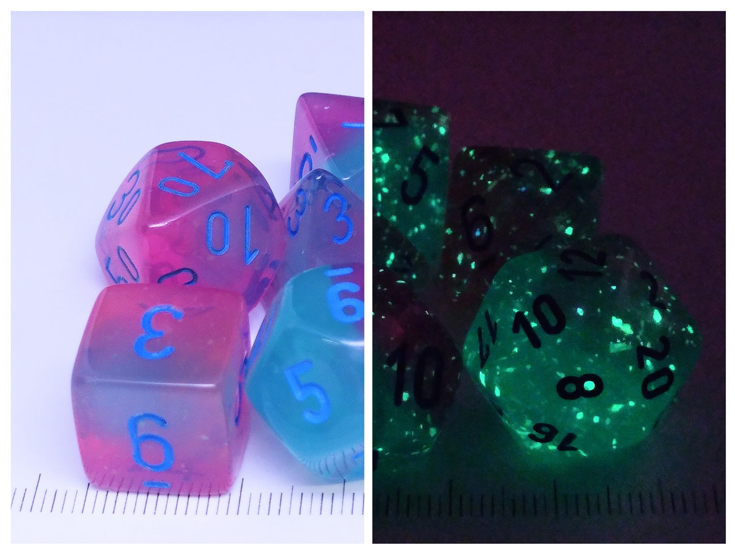 Set 7 polydice, Gemini Luminary Gel Green-Pink w/blue