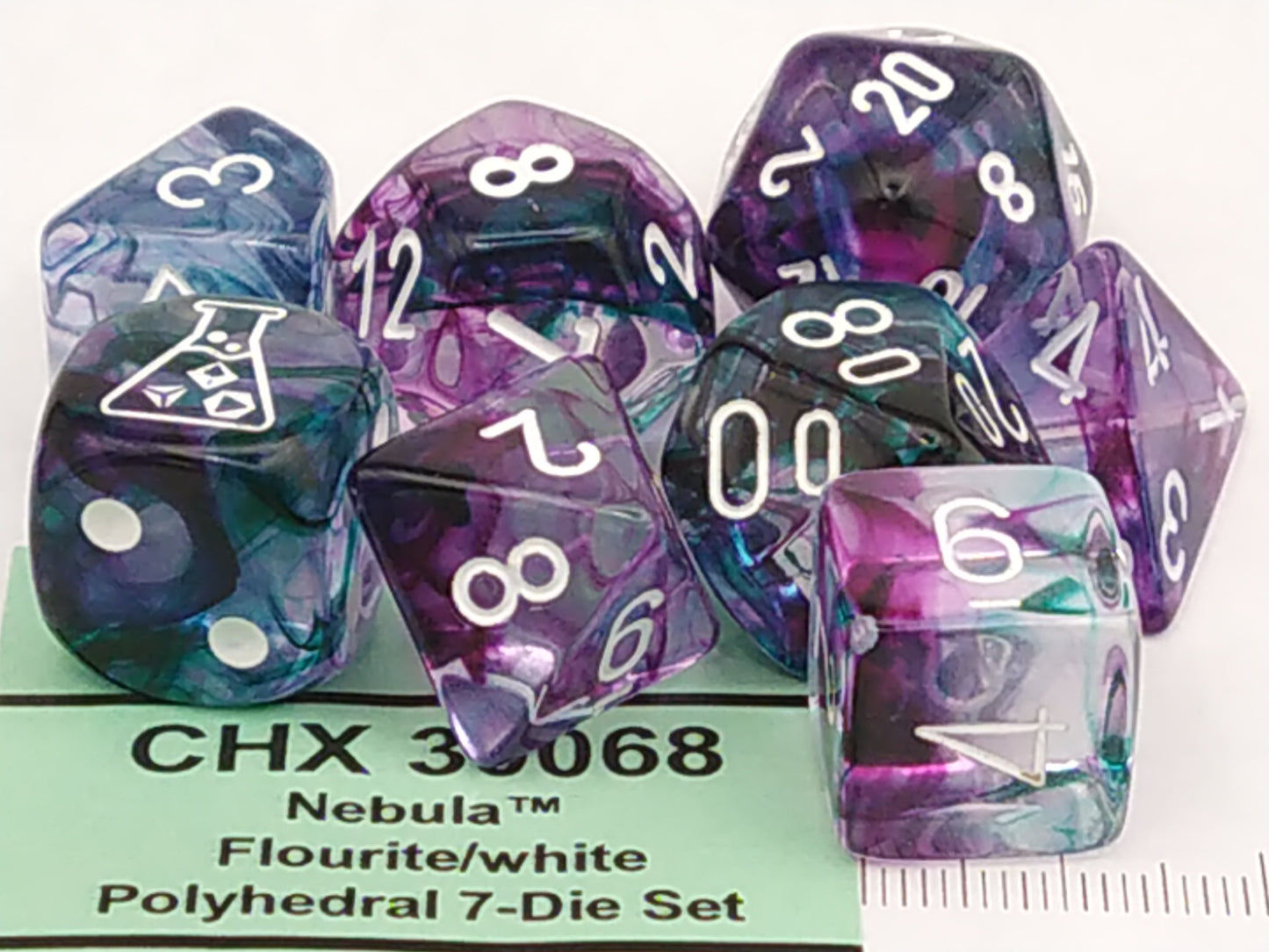 Lab polydice set, Nebula Fluorite w/white