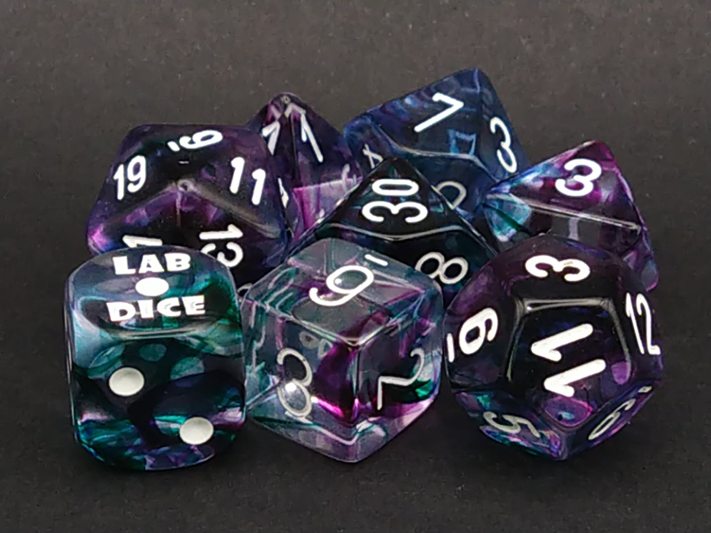Lab polydice set, Nebula Fluorite w/white