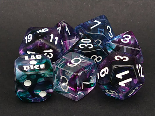 Lab polydice set, Nebula Fluorite w/white