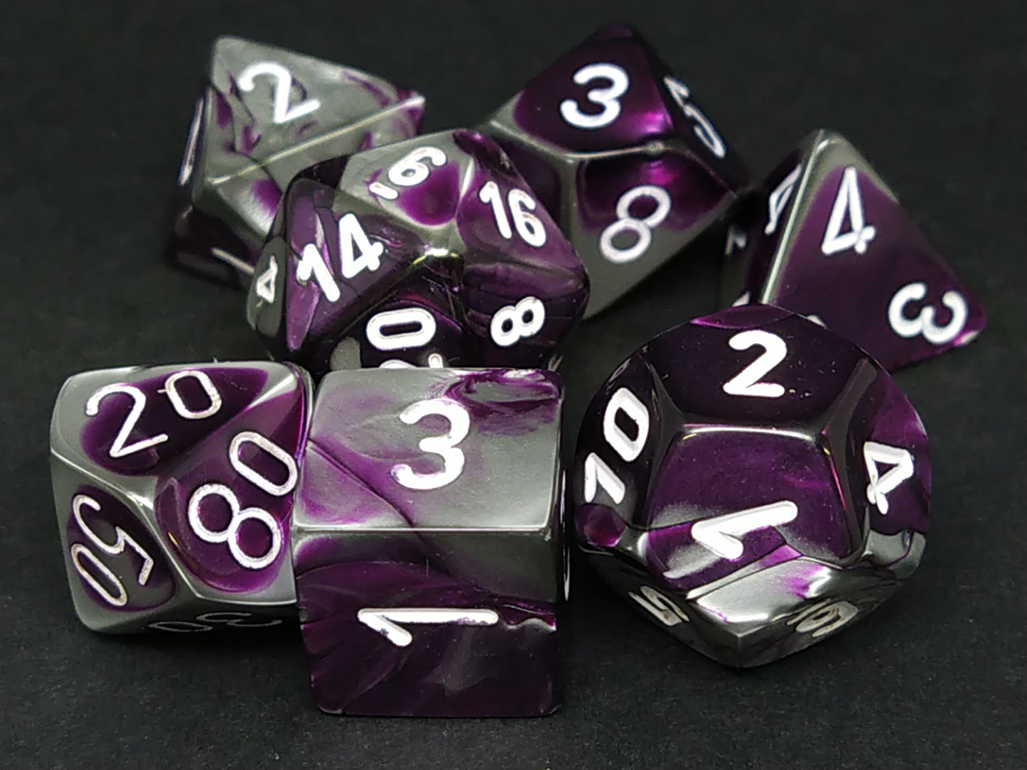Set 7 polydice, Gemini purple-steel w/white