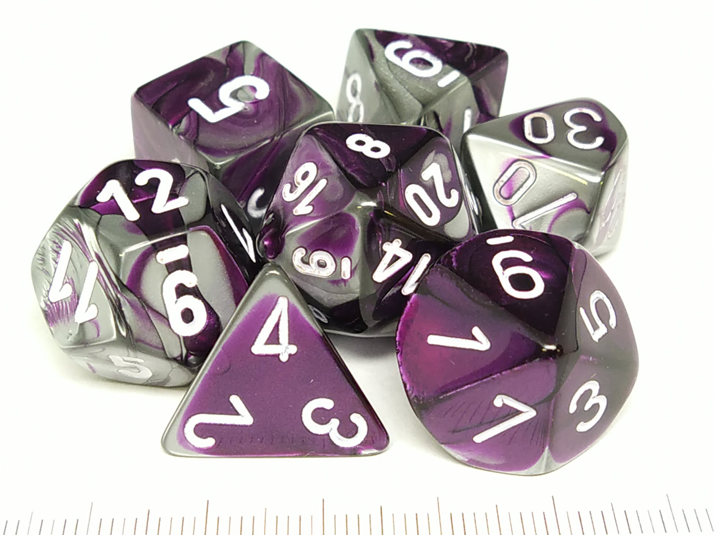 Set 7 polydice, Gemini purple-steel w/white
