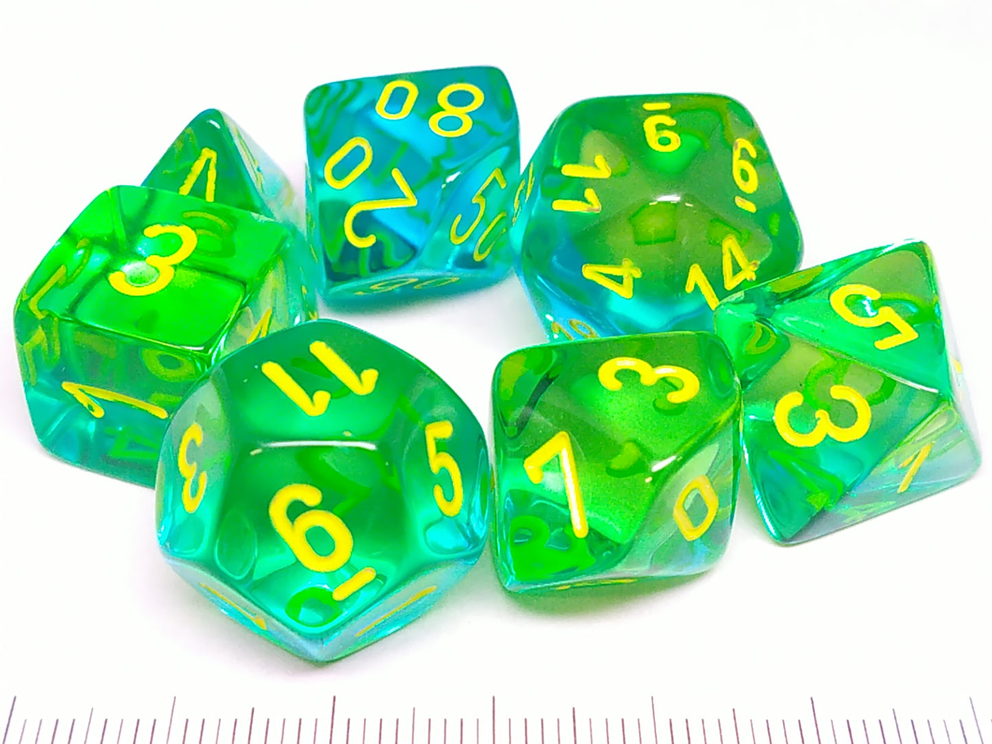 Set 7 polydice, Gemini Translucent Green-Teal w/yellow
