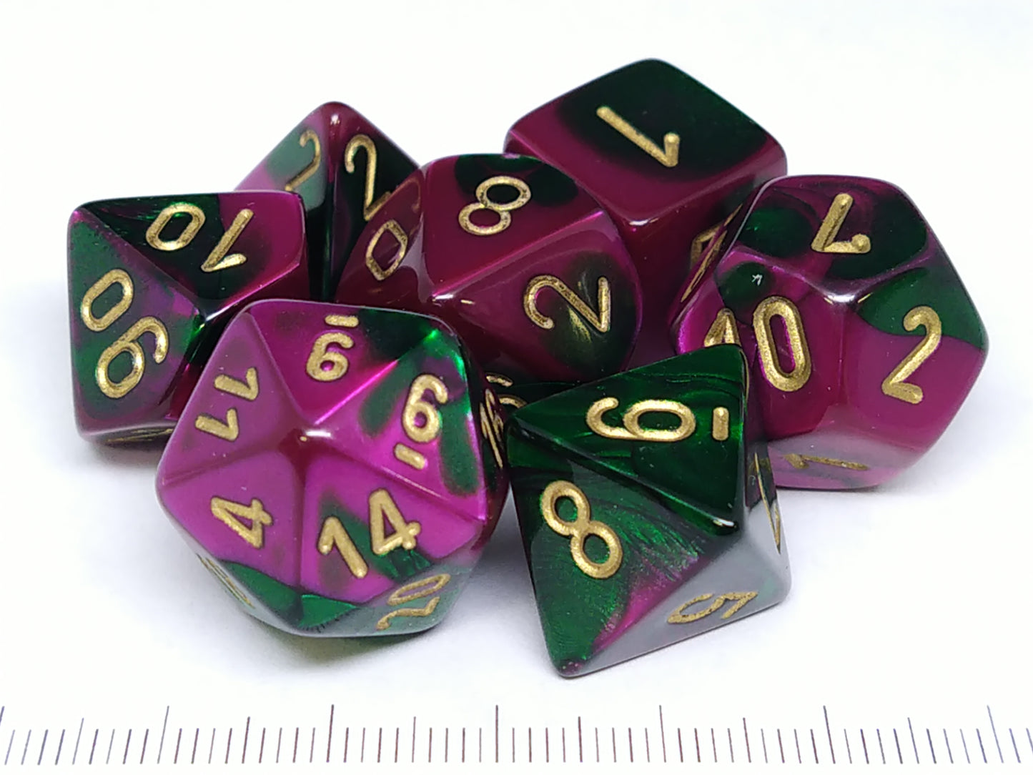 Set 7 polydice, Gemini green-purple w/gold