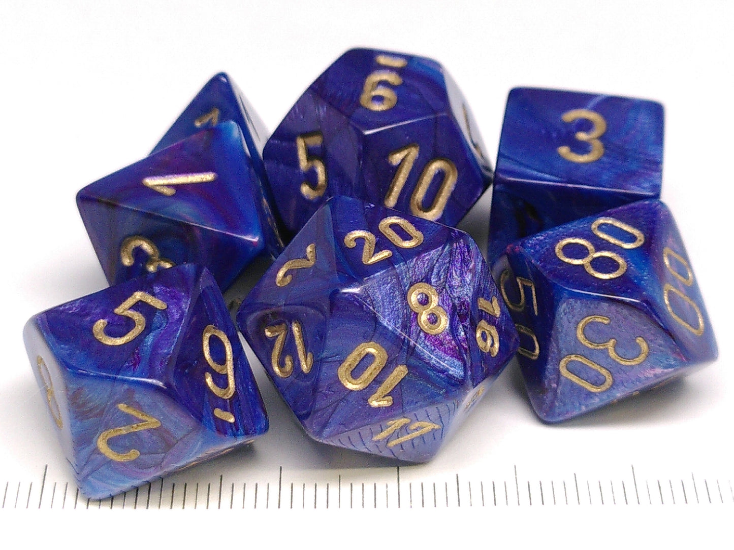 Set 7 polydice, Lustrous purple w/gold