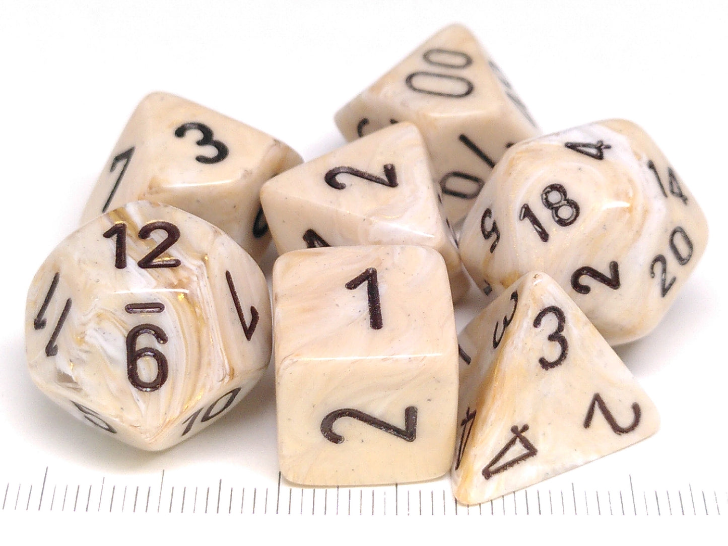 Set 7 polydice, Marble ivory w/black