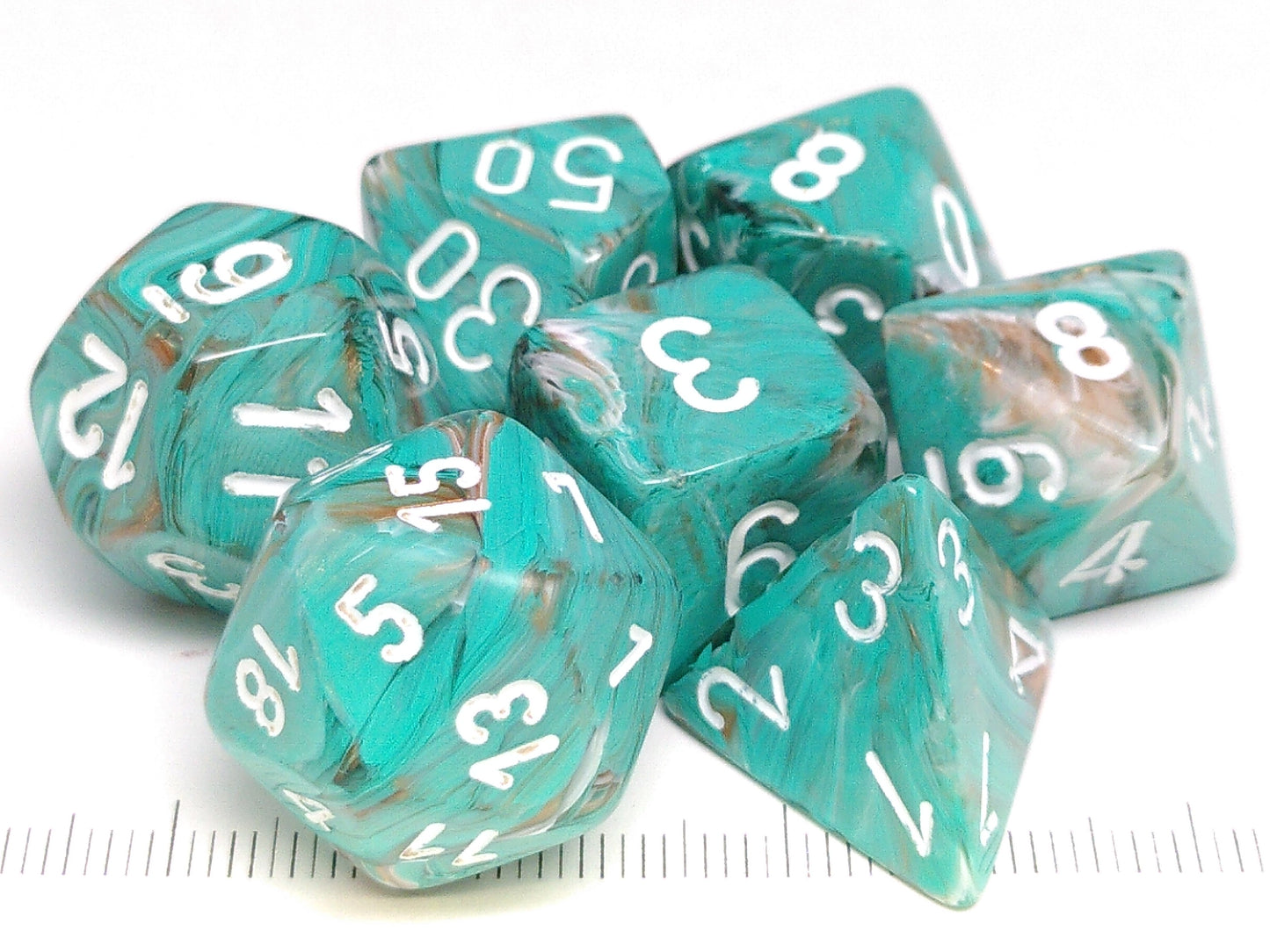 Set 7 polydice, Marble Oxi-Copper w/White