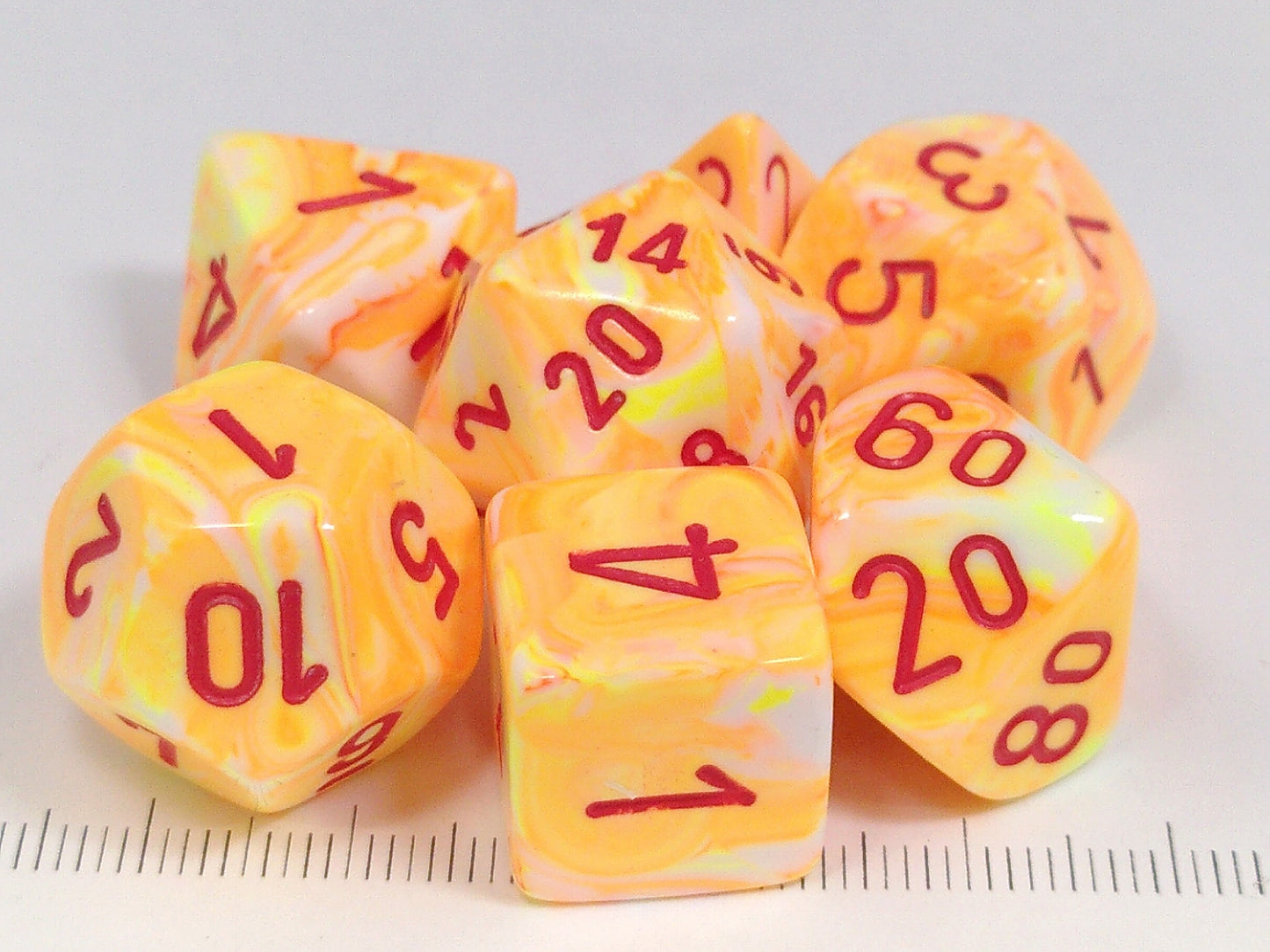 Set 7 polydice, Festive Sunburst w/red