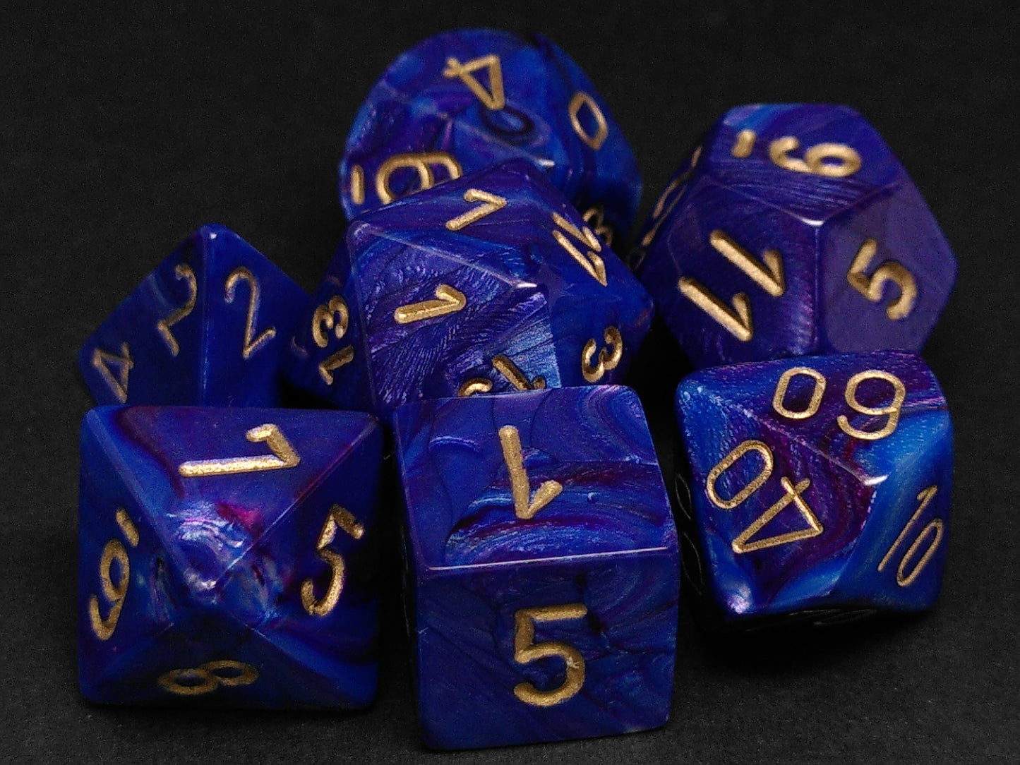 Set 7 polydice, Lustrous purple w/gold