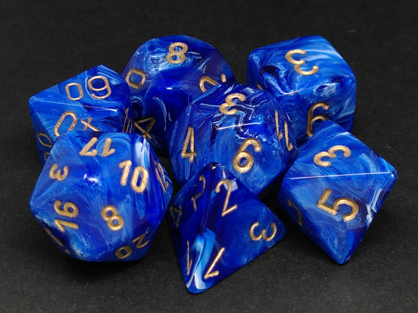Set 7 polydice, Vortex blue w/gold