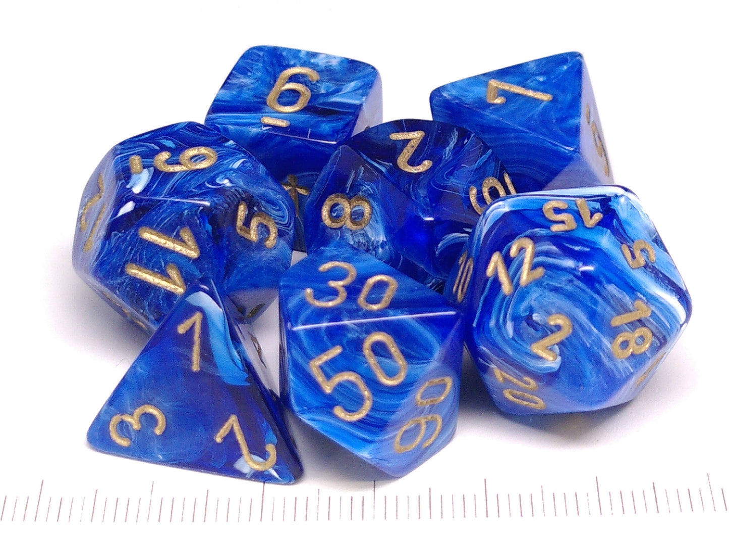Set 7 polydice, Vortex blue w/gold