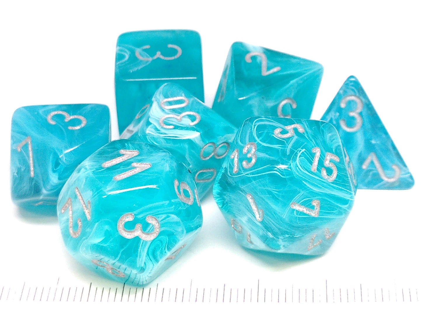 Set 7 polydice, Cirrus aqua w/silver