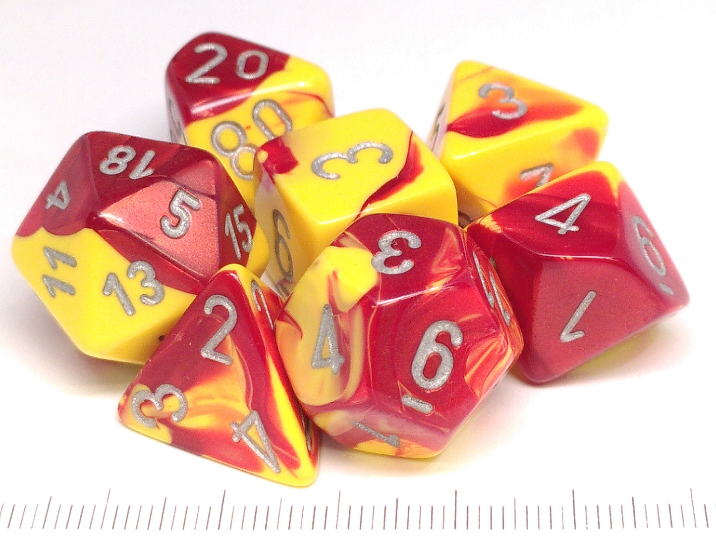 Set 7 polydice, Gemini red-yellow w/silver