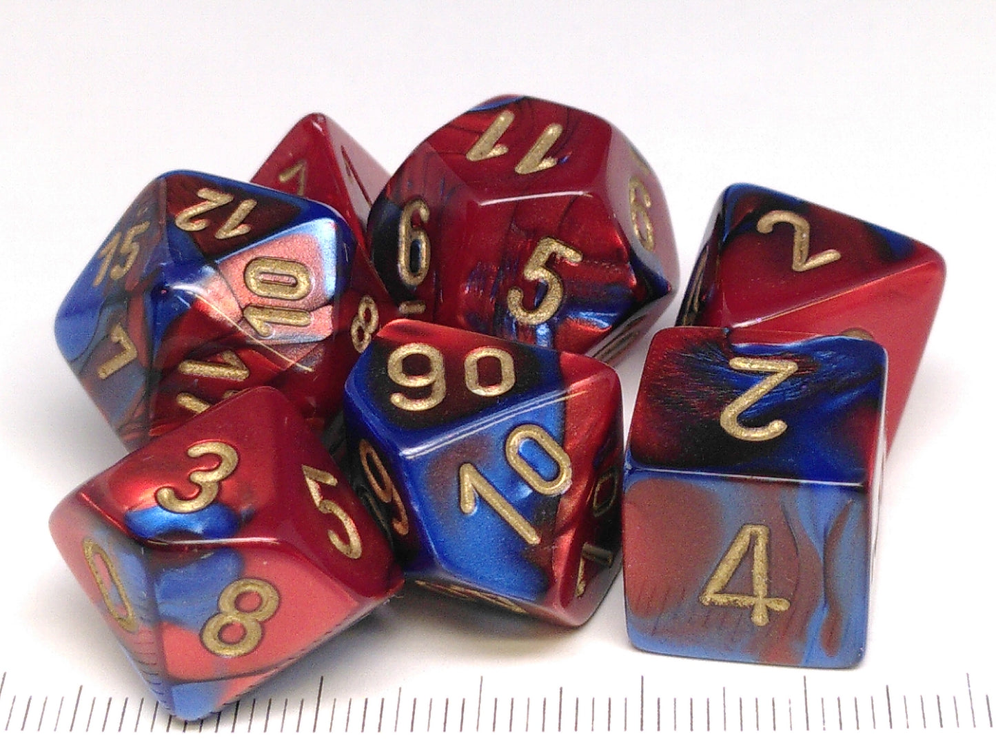 Set 7 polydice, Gemini blue-red w/gold