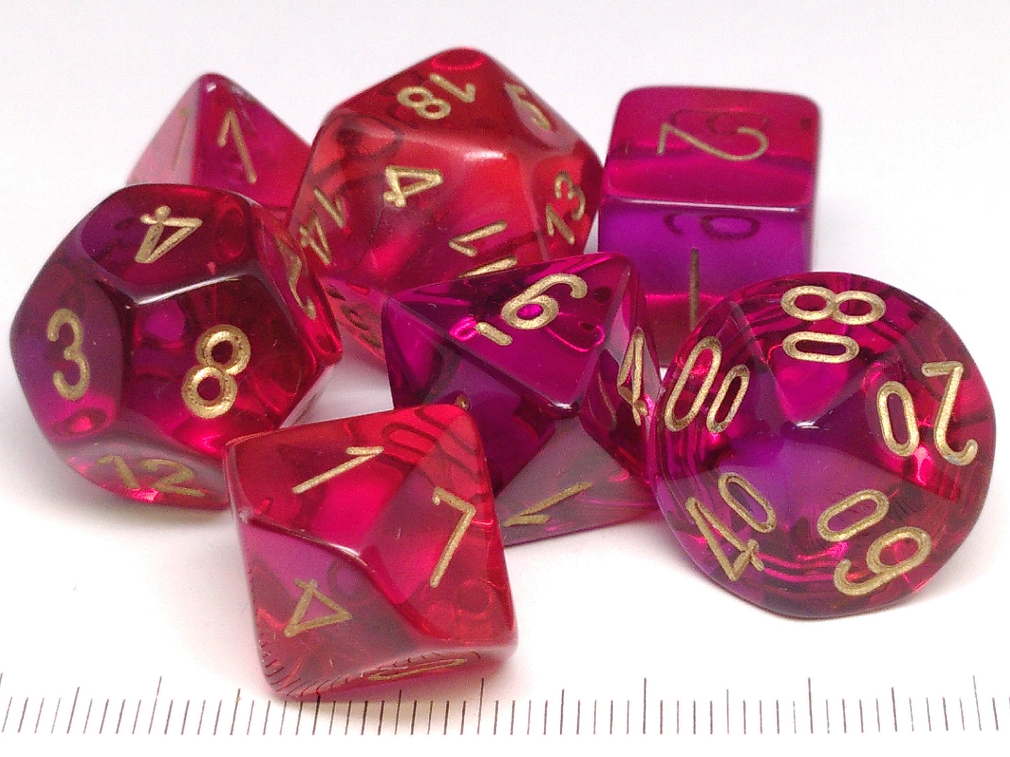 Set 7 polydice, Gemini Translucent Red-Violet w/gold