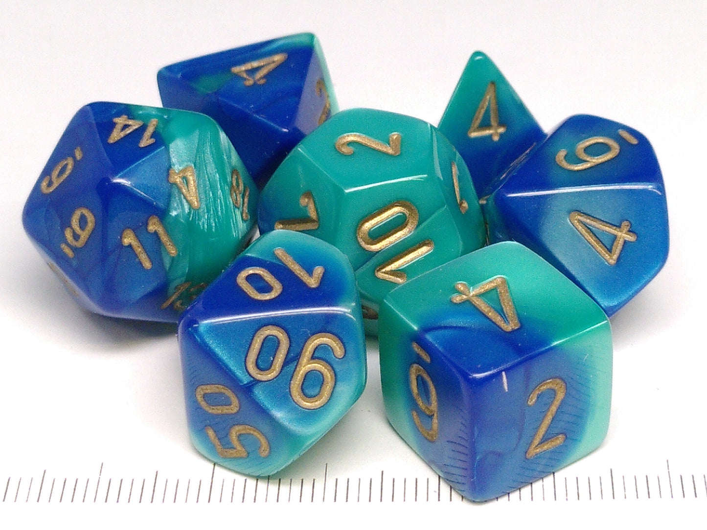 Set 7 polydice, Gemini blue-teal w/gold