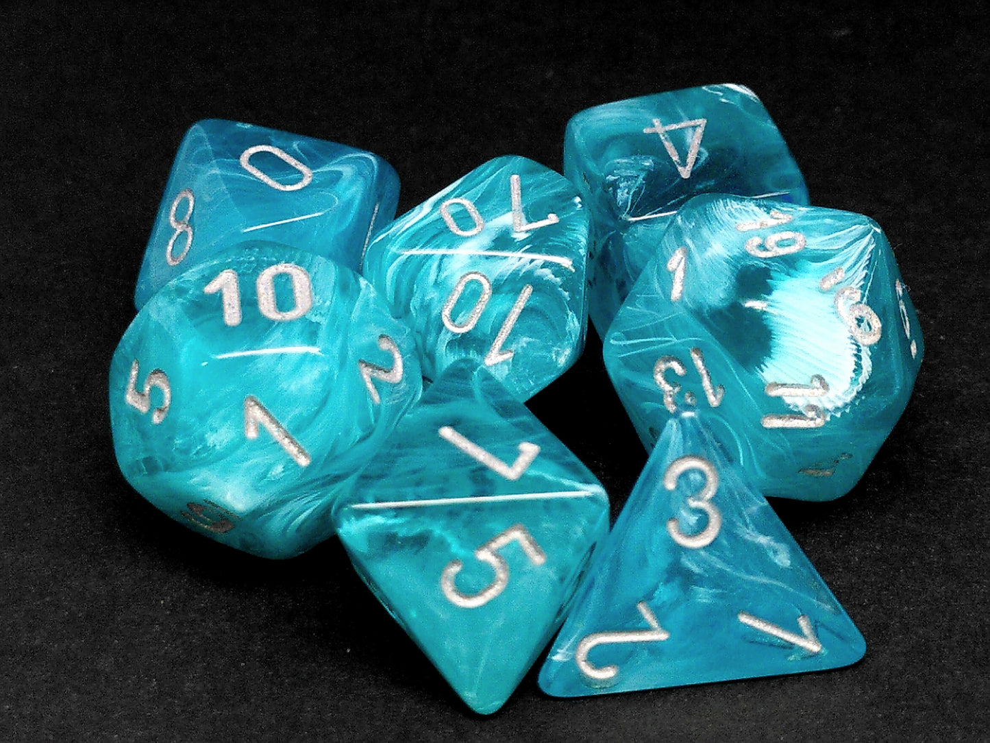 Set 7 polydice, Cirrus aqua w/silver
