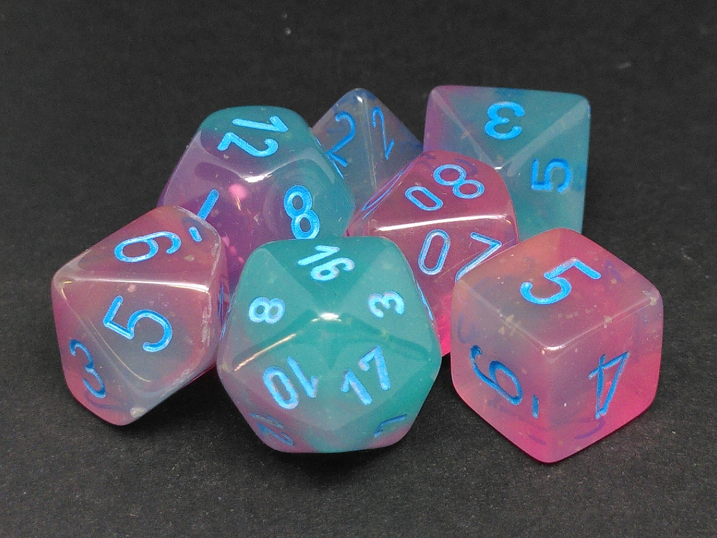Set 7 polydice, Gemini Luminary Gel Green-Pink w/blue