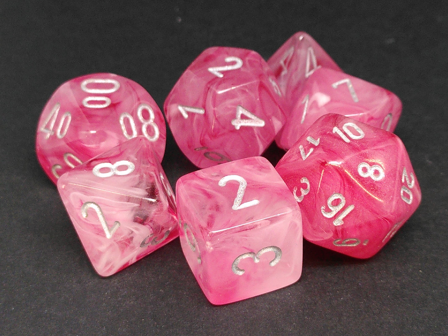 Set 7 Polydice, Ghostly Glow pink w/silver