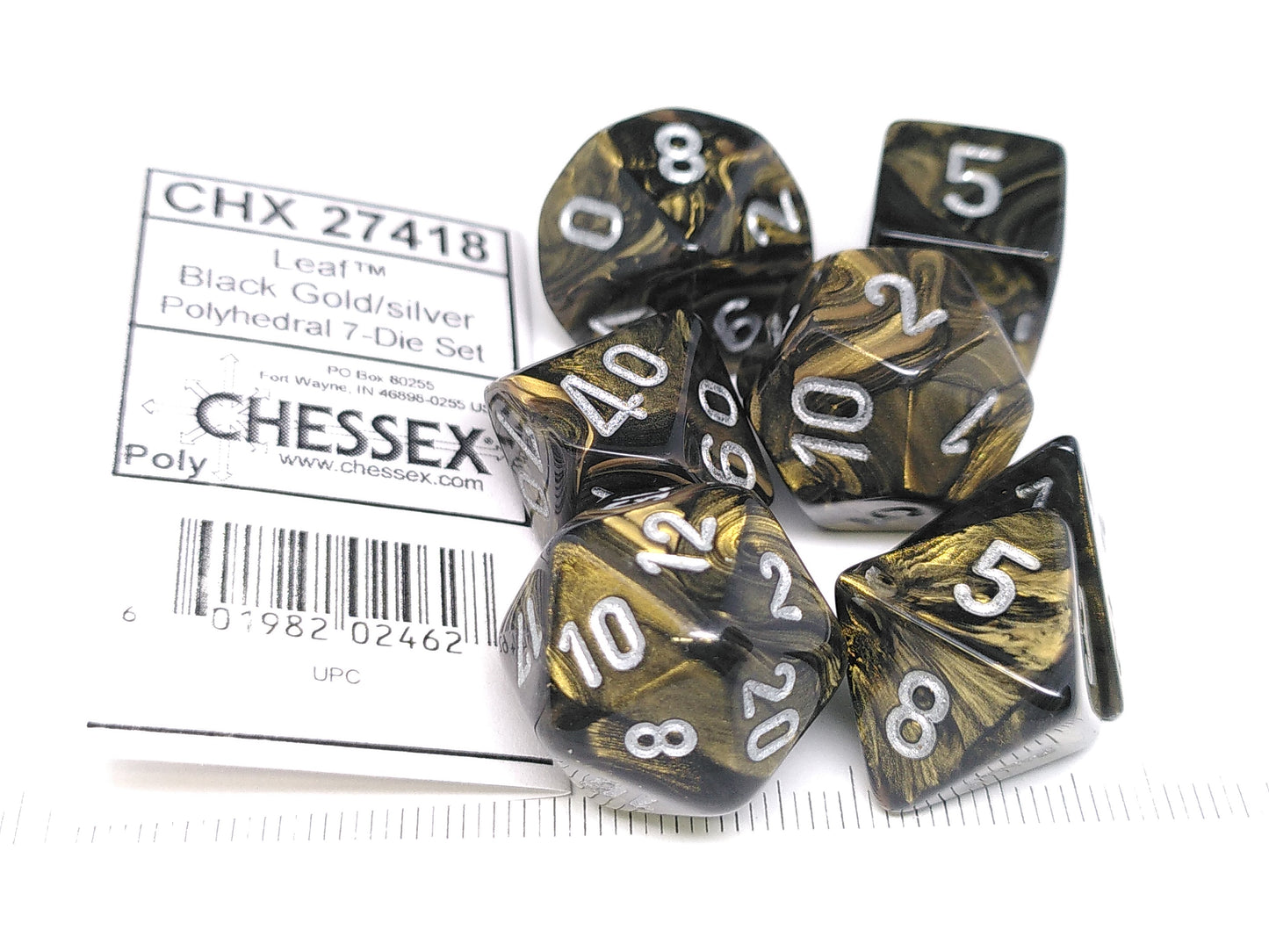 Set 7 polydice, Leaf Black Gold w/silver