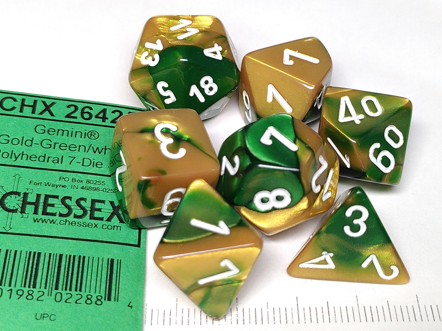 Set 7 polydice, Gemini gold-green w/white