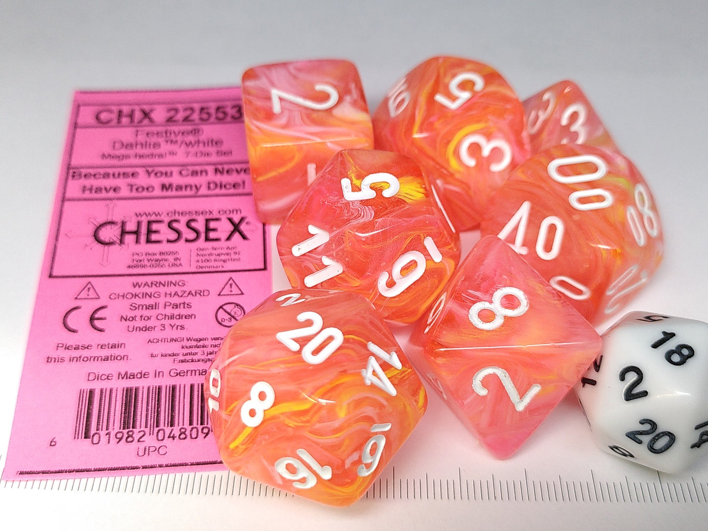 Mega-Hedral polydice set, Festive Dahlia w/white