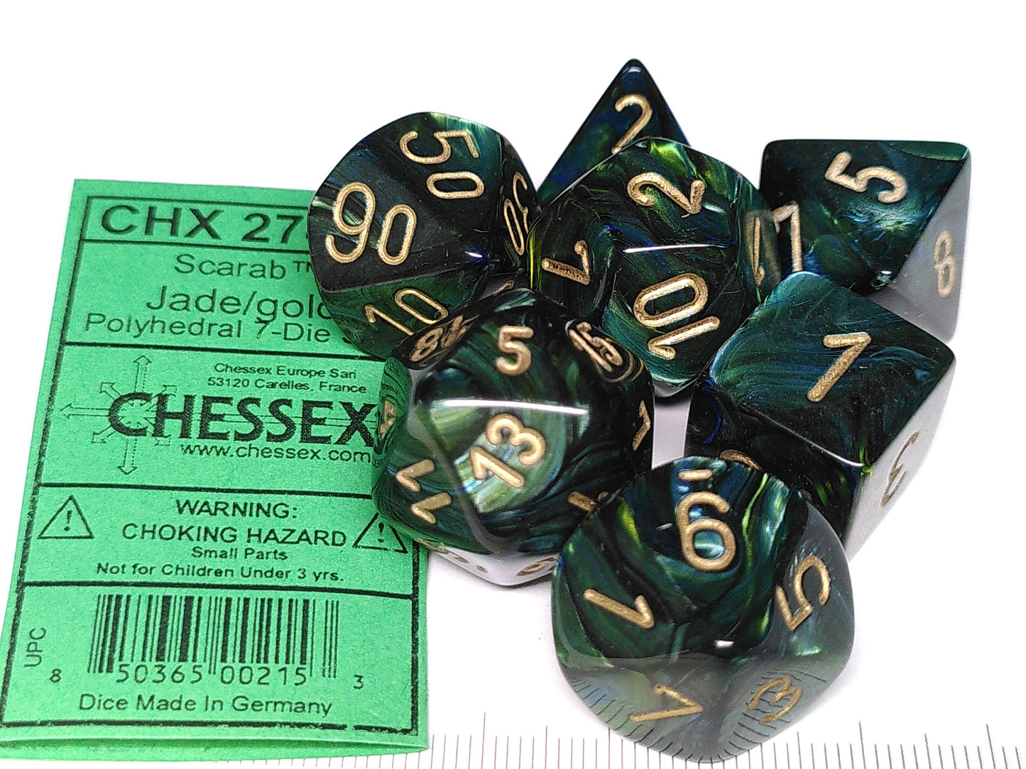 Set 7 polydice, Scarab Jade w/gold