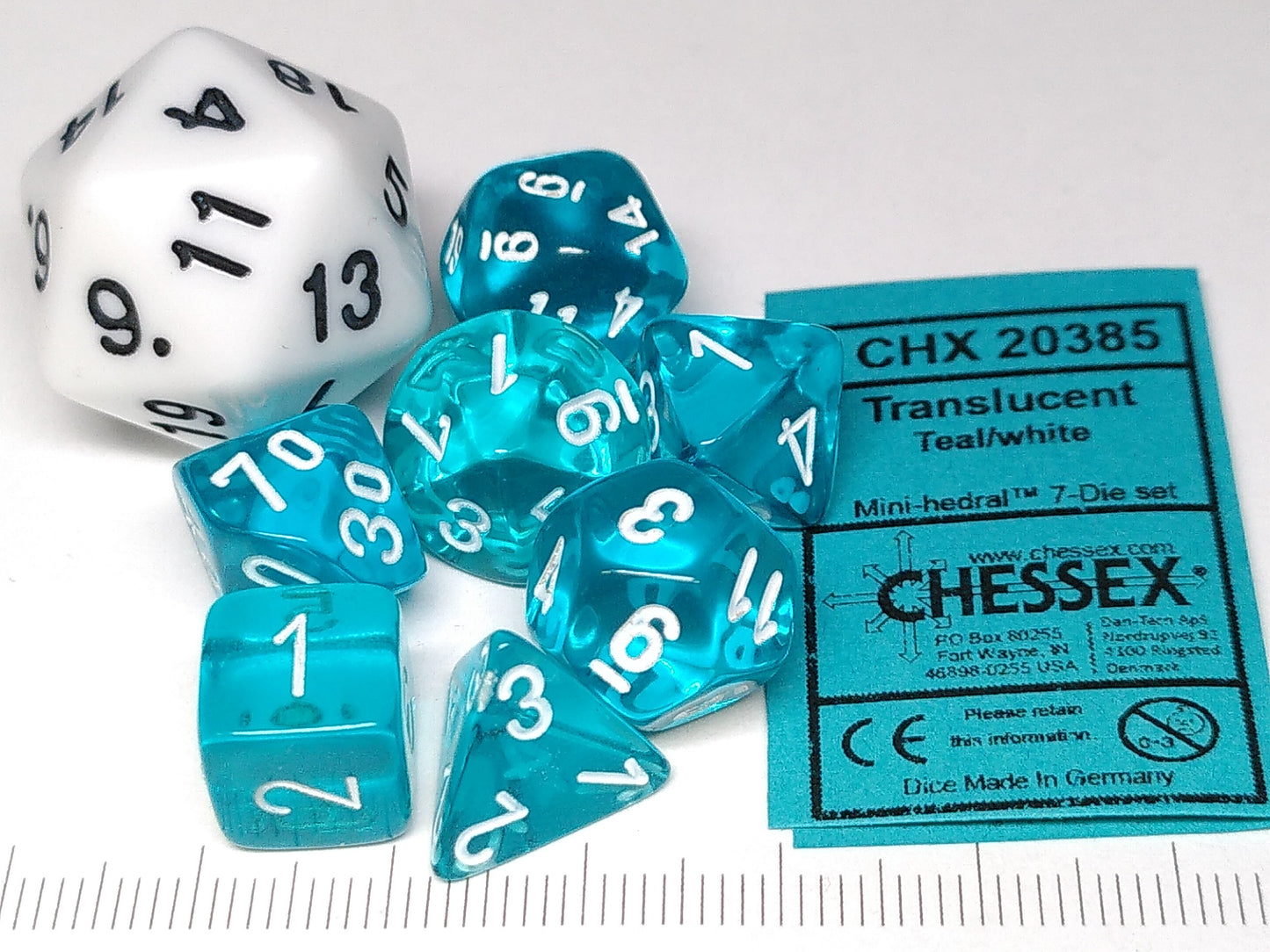 Mini polydice set - Translucent Teal w/white