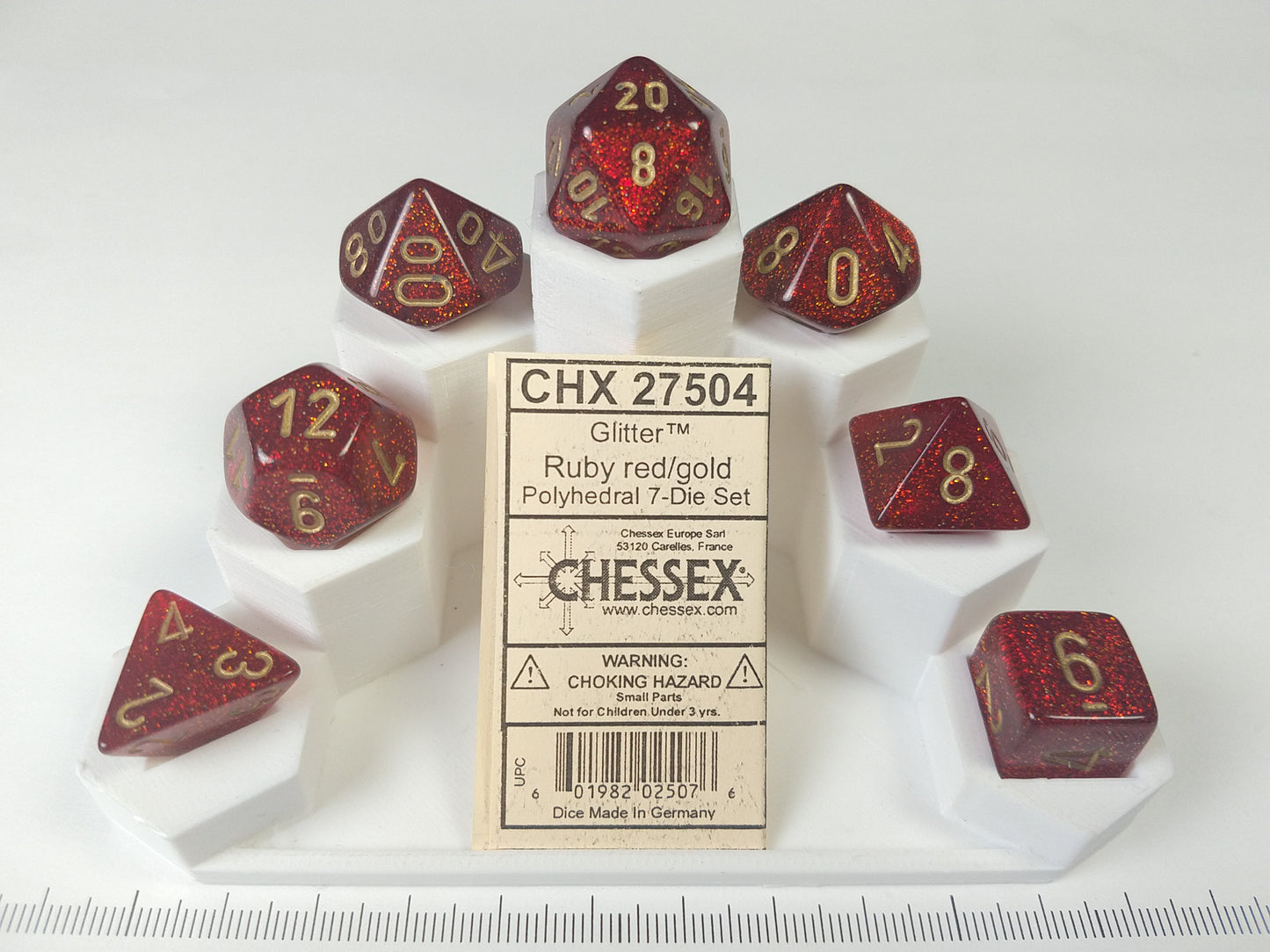Set 7 Polydice, Glitter Ruby w/gold
