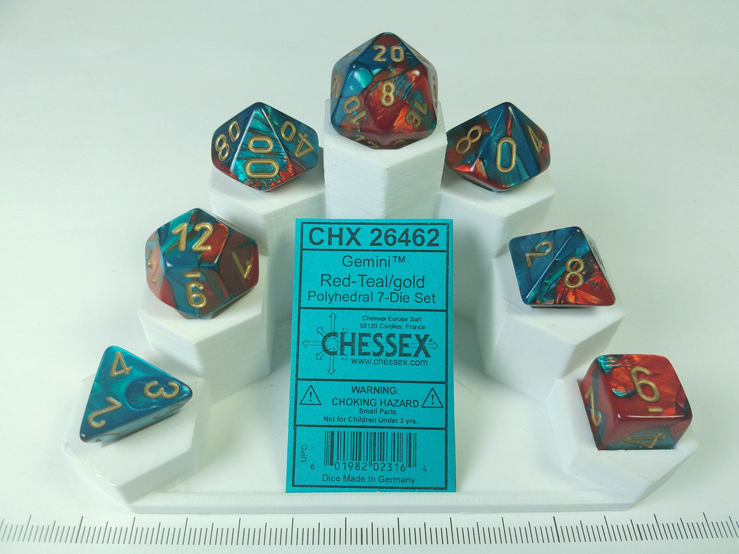 Set 7 polydice, Gemini red-teal w/gold