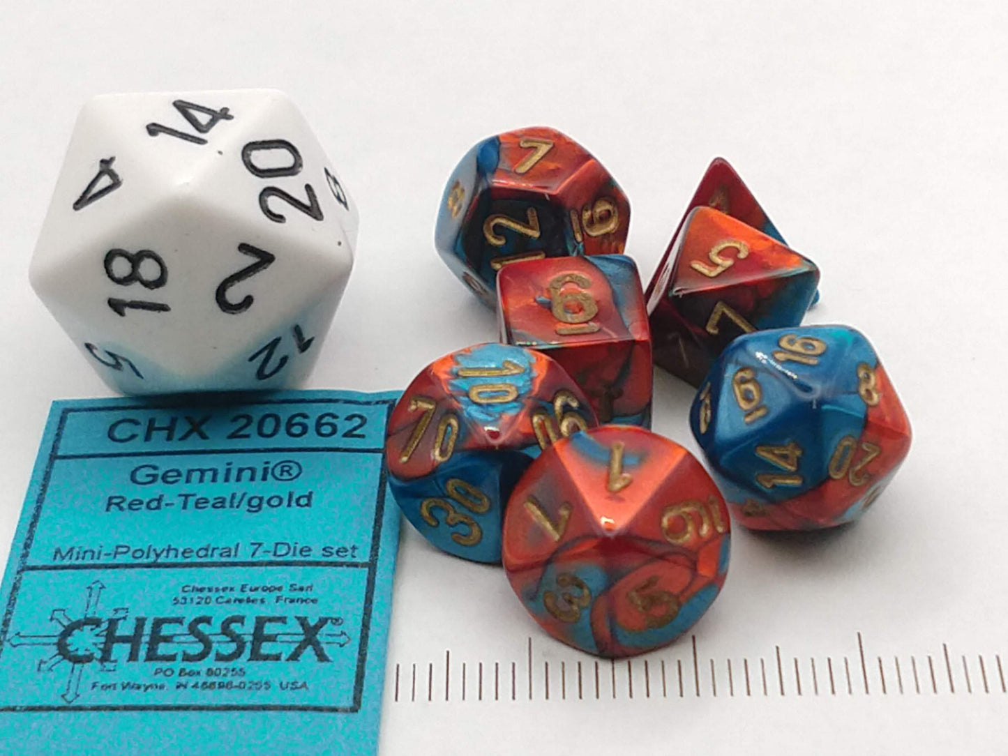 Mini Polydice set - Gemini Red-Teal w/gold