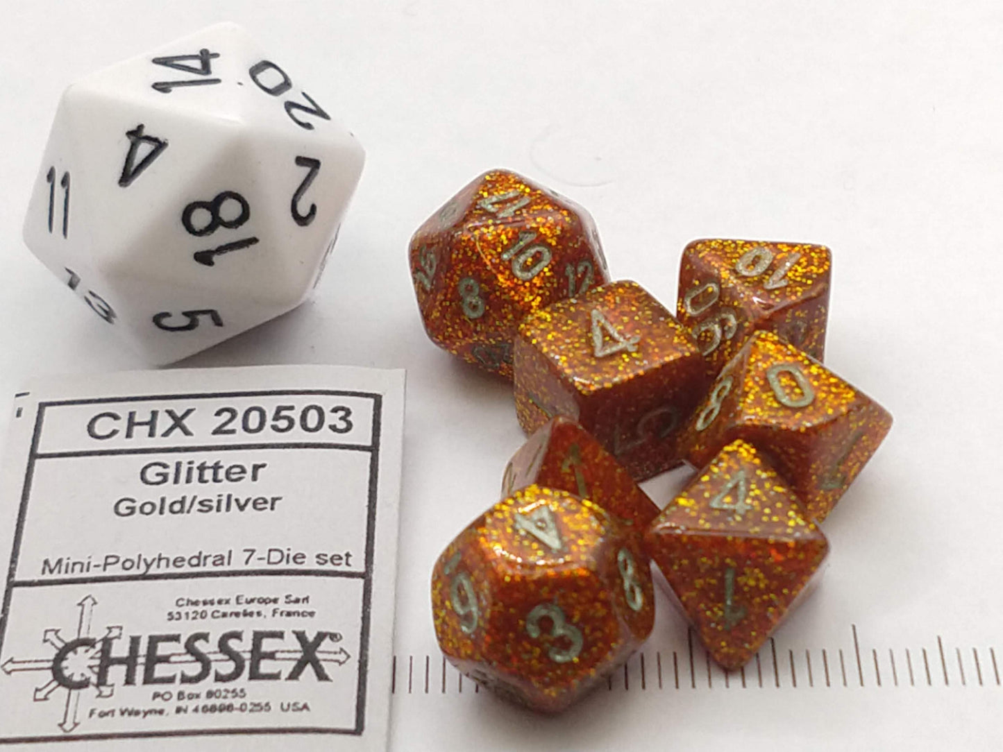 Mini polydice set - Glitter Gold w/silver