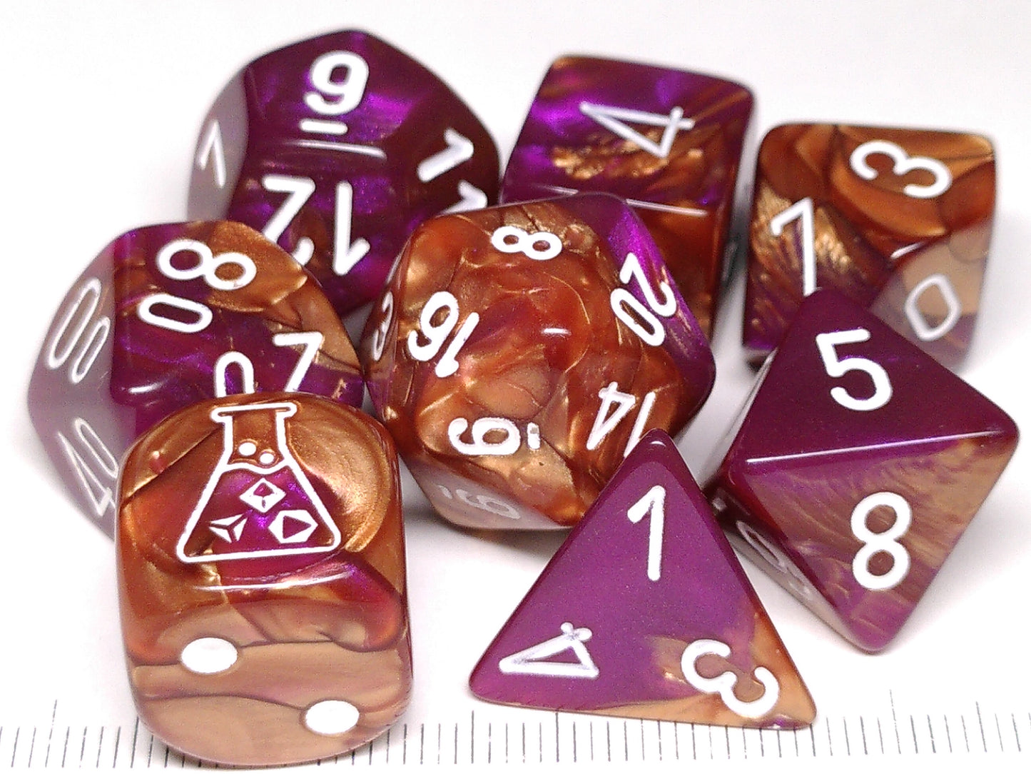 Lab polydice set, Gemini Copper-Purple w/white