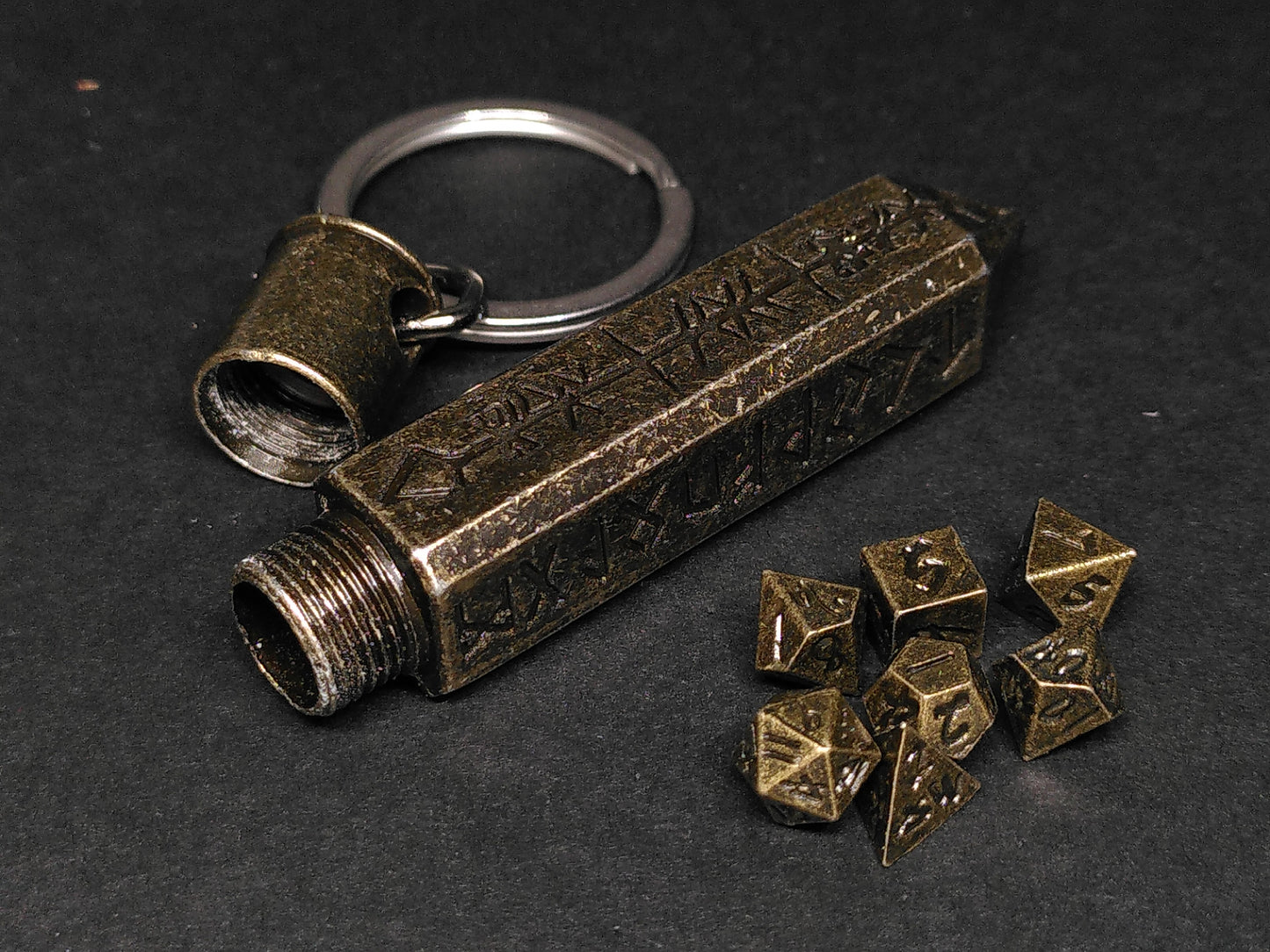 Brass Runic Shard keychain, with mini metal dice