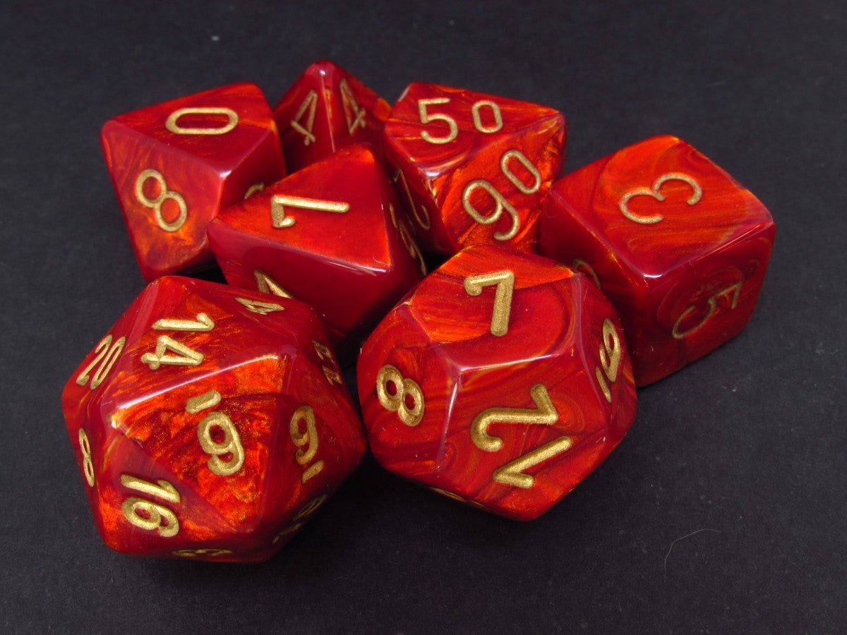 Set 7 polydice, Scarab Scarlet w/gold