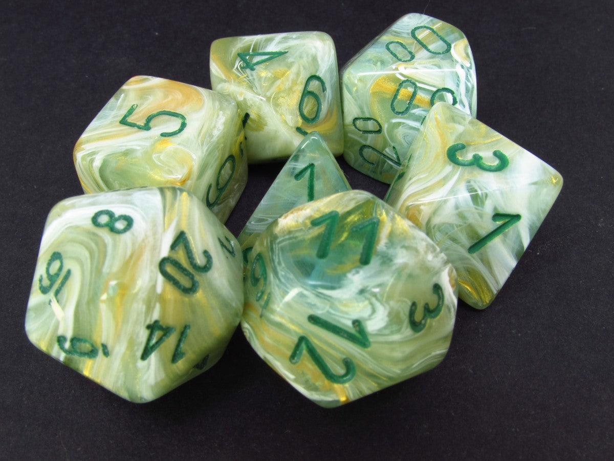 Set 7 polydice, Marble green w/dark green