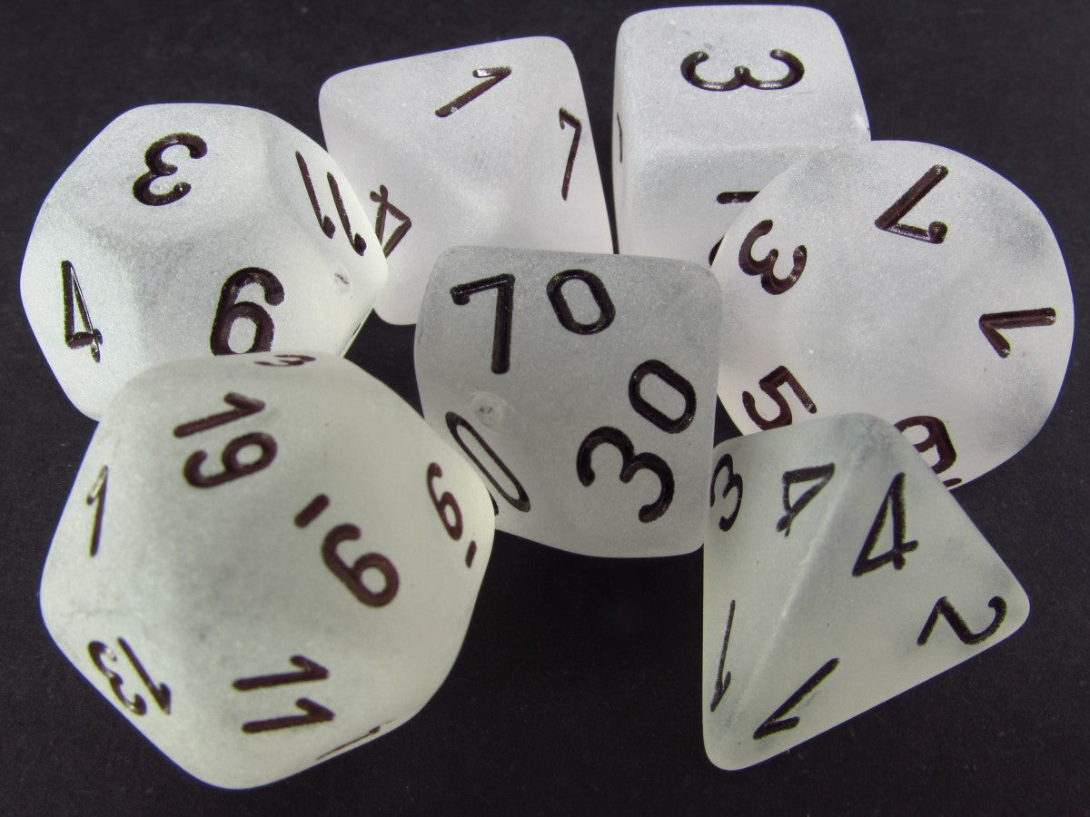 Set 7 polydice, Frosted clear w/black