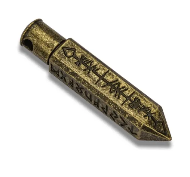 Brass Runic Shard keychain, with mini metal dice