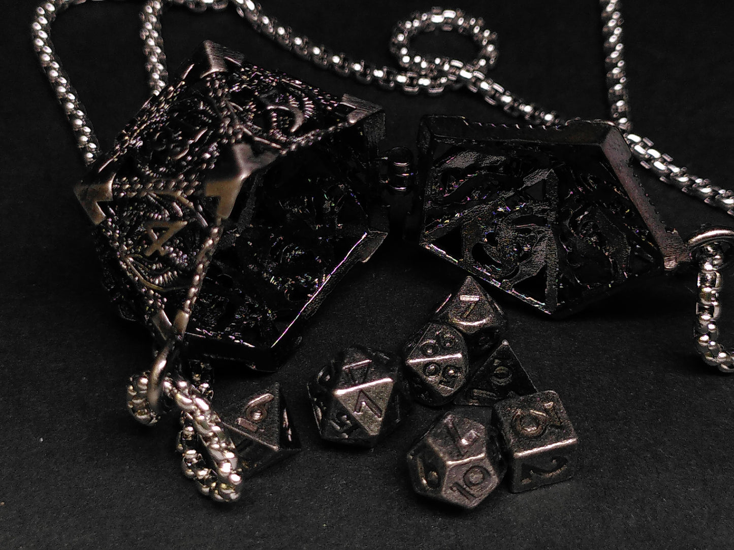 Hollow Dragon dice cage pendant, with mini metal dice