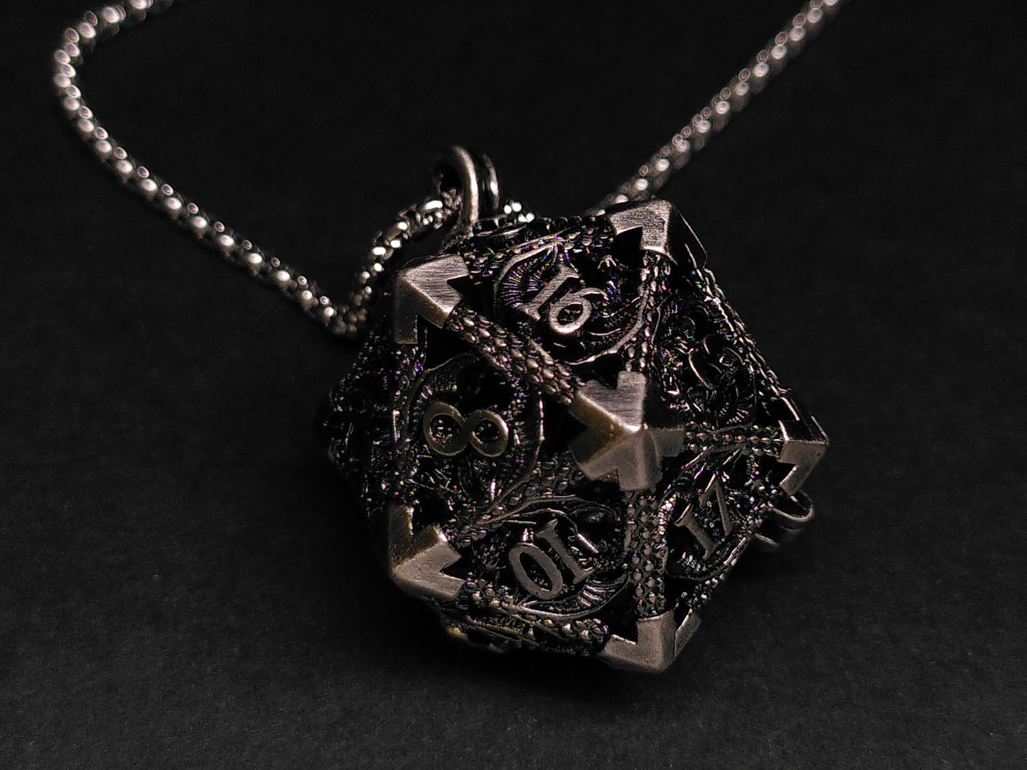 Hollow Dragon dice cage pendant, with mini metal dice