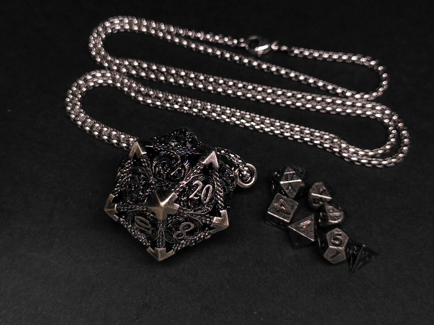 Hollow Dragon dice cage pendant, with mini metal dice