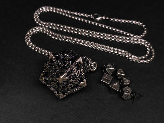 Silver Hollow Dragon dice cage pendant, with mini metal dice