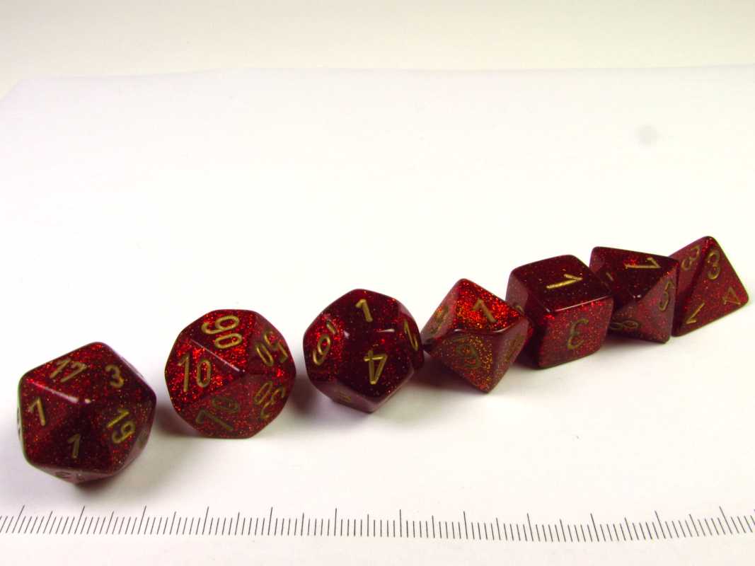 Set 7 Polydice, Glitter Ruby w/gold