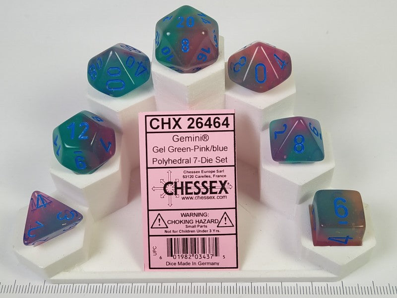 Set 7 polydice, Gemini Luminary Gel Green-Pink w/blue