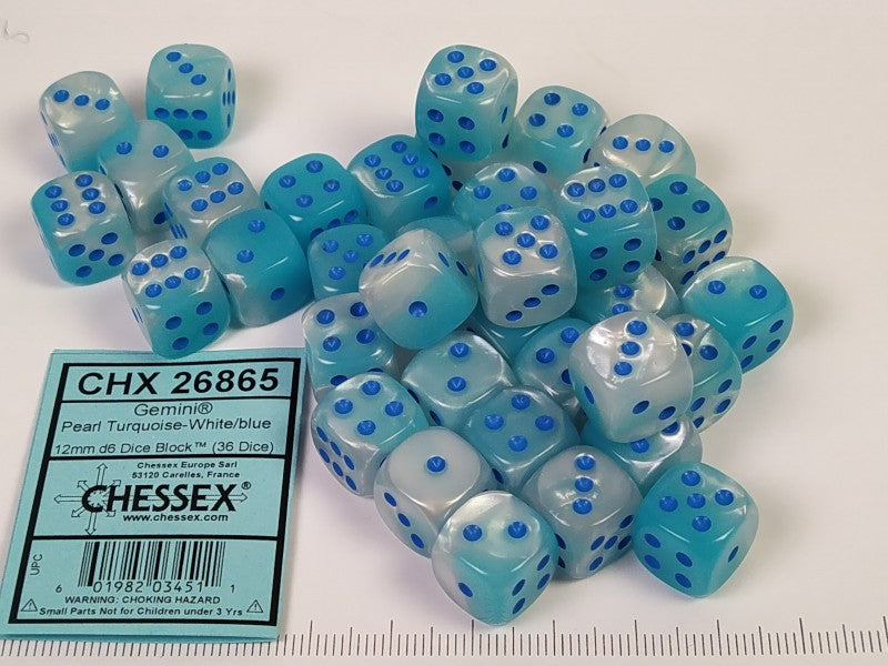 Set 36 6-zijdig 12 mm, Gemini Pearl Turq.-White w/blue