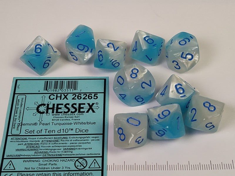 Set 10 10-zijdig, Gemini Pearl Turq.-White w/blue