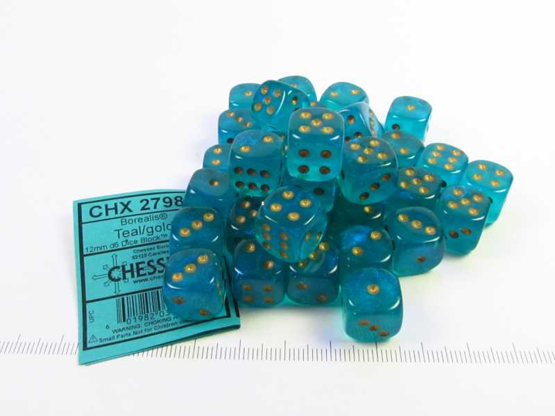 Set 36 6-zijdig, 12mm Borealis Luminary - Teal w/gold