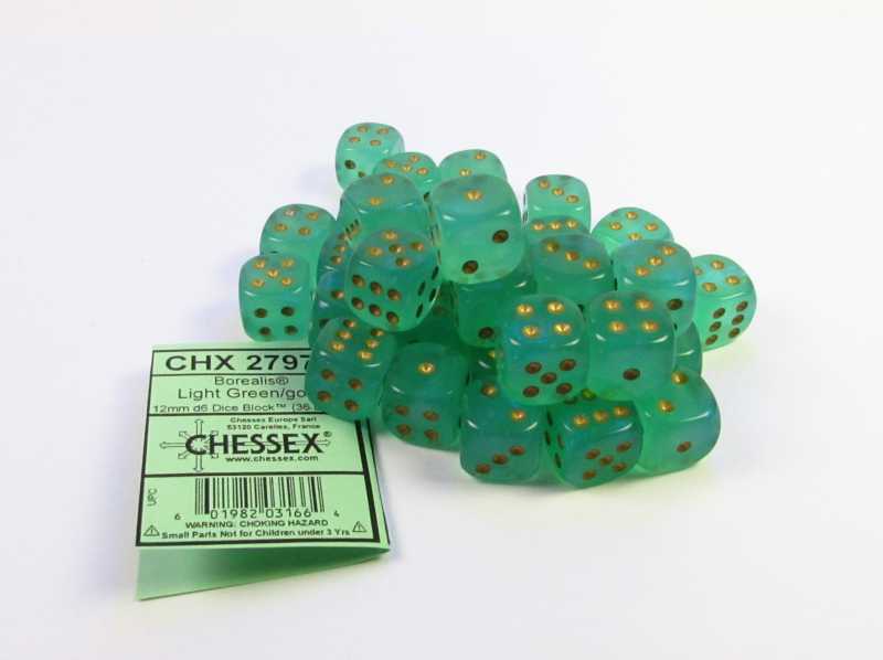 Set 36 6-zijdig, 12mm Borealis Luminary - Light Green w/gold