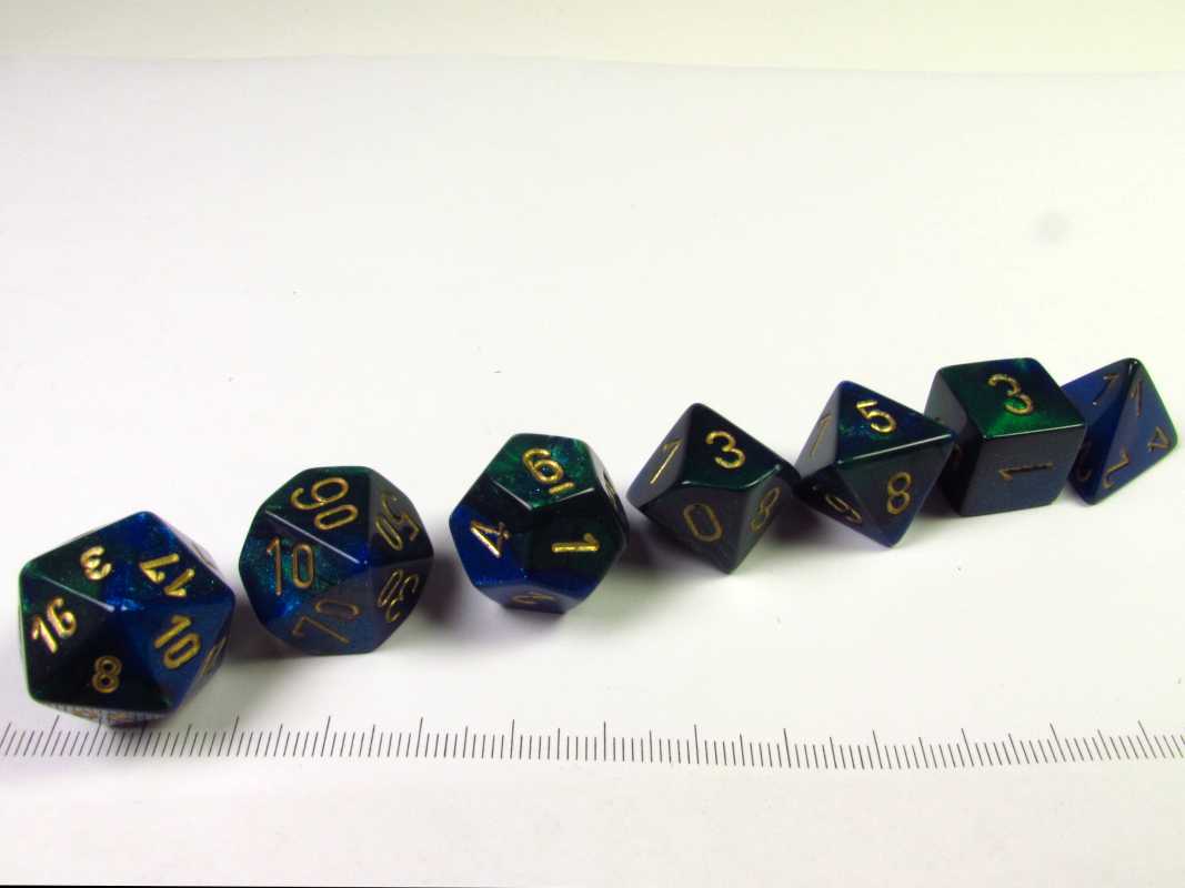Set 7 polydice, Gemini blue-green w/gold